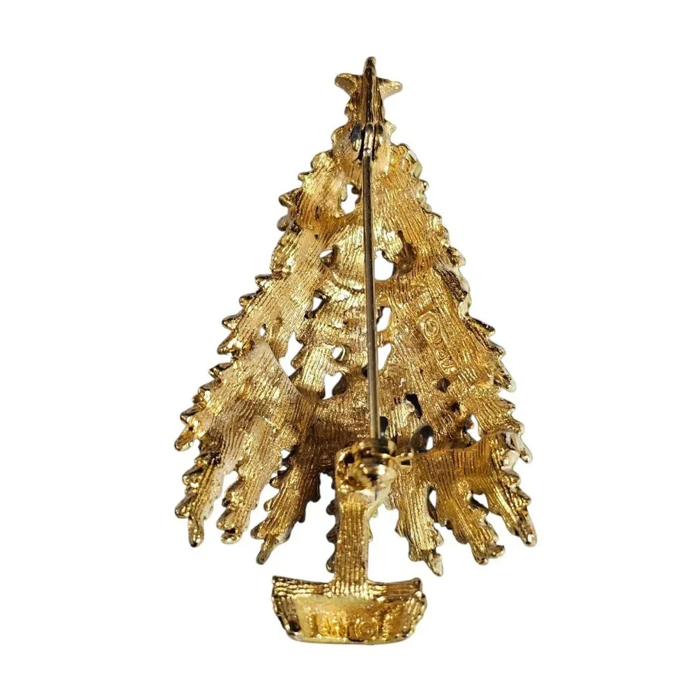 Vintage ART  2” Christmas Tree Brooch Gold Tone Multicolor Rhinestones  Holiday